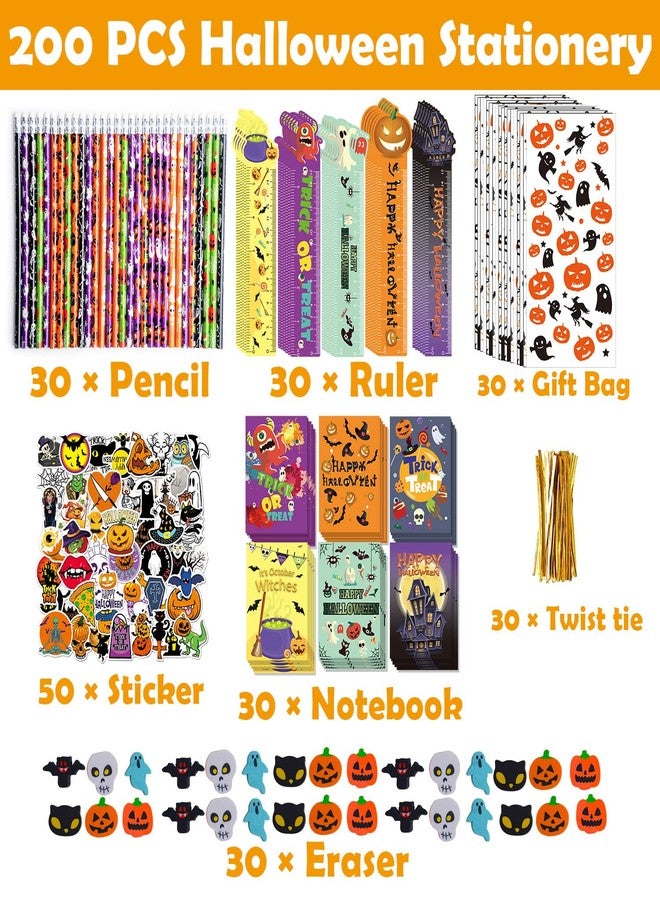 WOONOO 200PCS Halloween Party Favors for Kids Stationery Set, 30 PACK Assorted Halloween Goodie Bag Stuffers, Bulk Halloween Treats Bags for Trick or Treat Pencils Erasers Rulers - Image 2